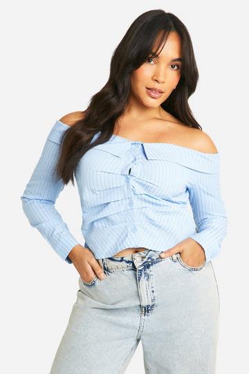 Plus Gestreept Off Shoulder Overhemd light blue