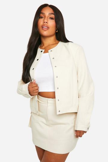 Ecru White Plus Textured Bomber Jacket