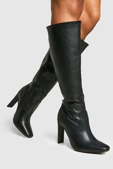 Black Wide Width Textured Low Heel Knee High Boots