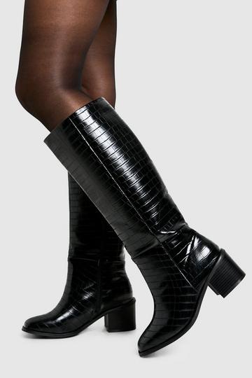 Wide Fit Croc Block Knee High Boots black