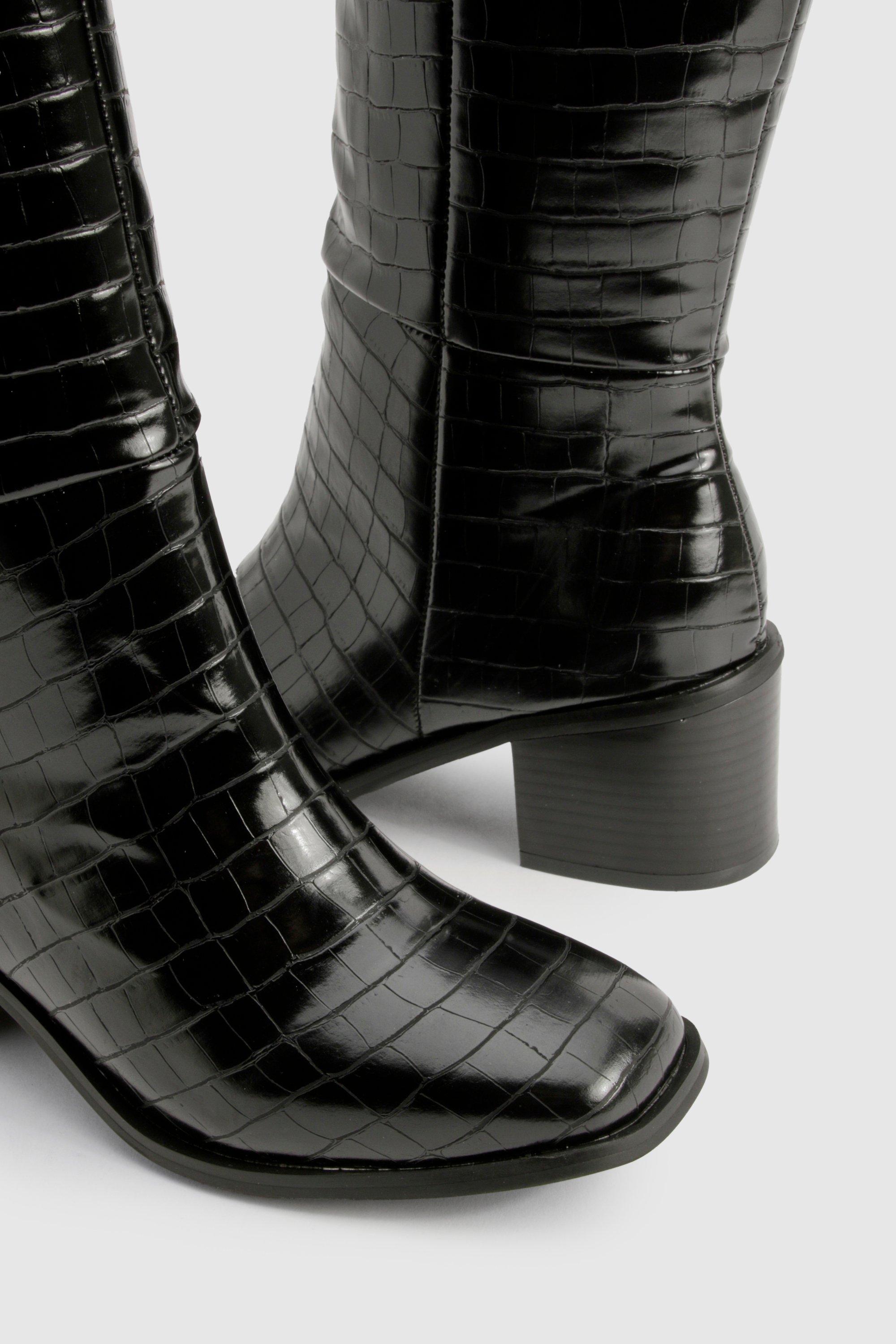 boohoo Wide Fit Croc Block Knee High Boots Black Size 5