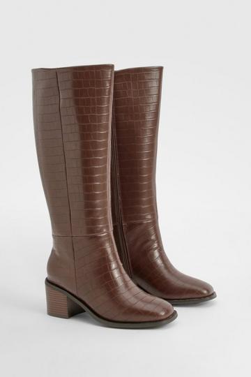 Chocolate Brown Wide Fit Croc Wide Shaft Block Knee High Boots