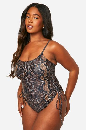 Plus Ruched Side Snake Swimsuit brown