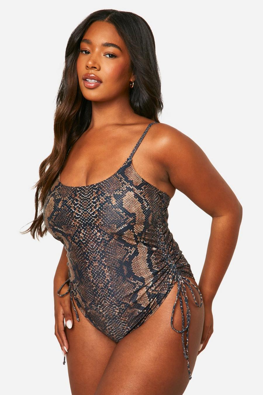 Brown Plus Ruched Side Snake Swimsuit  image number 1