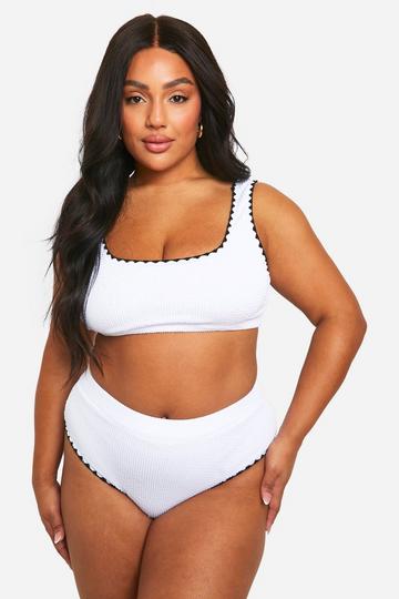 Plus Gekreukelde High Waist Bikini Met Contrasterende Zoom white