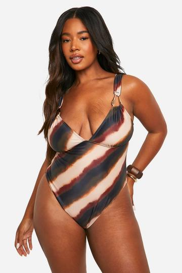 Plus Ombre Print Trim Detail Swimsuit brown