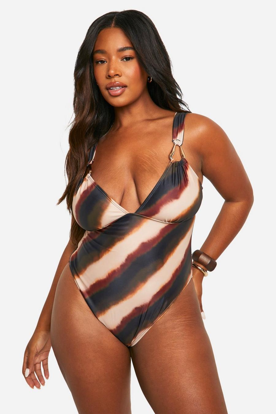 Brown Plus Ombre Print Trim Detail Swimsuit image number 1