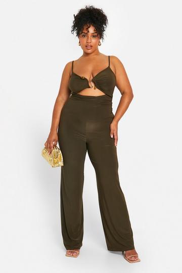 Plus Slinky Ruched Front Wide Leg Jumpsuit khaki