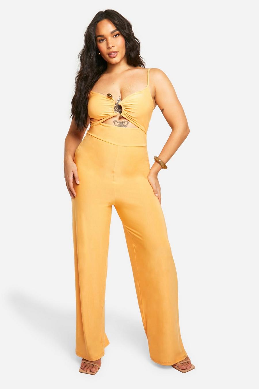 Yellow Plus Slinky Ruched Front Wide Leg Jumpsuit
