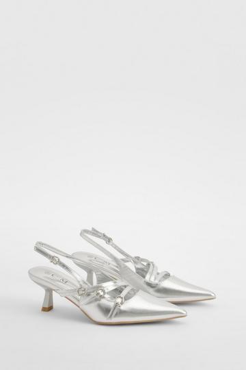 Silver Metallic Buckle Detail Slingback Court Shoes