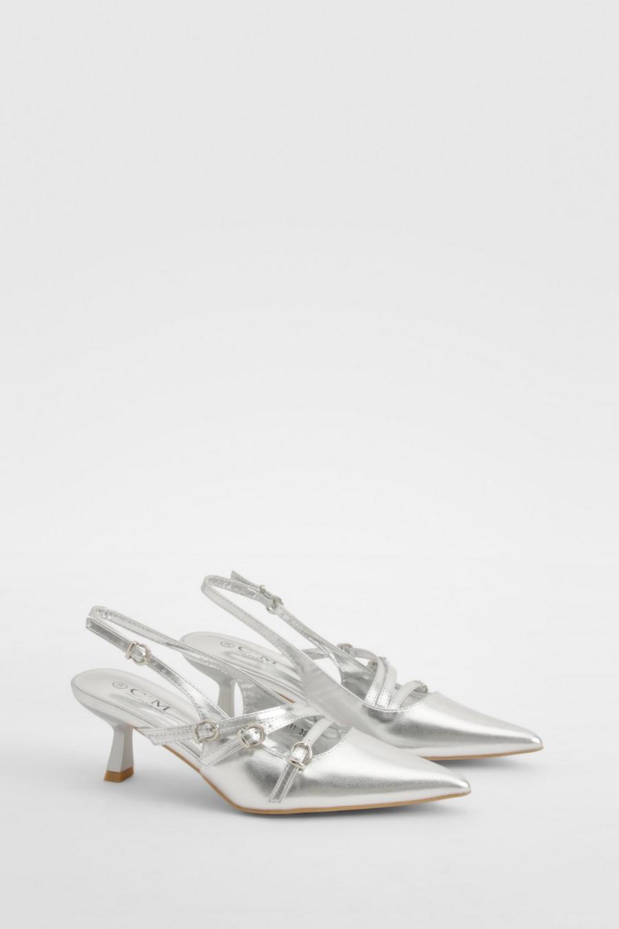 Silver Metallic Buckle Detail Slingback Court Shoes     