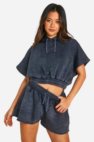 Mouwloze Acid Wash Gebleekte Hoodie En Sweat Shorts Set charcoal