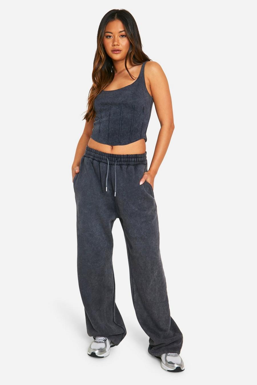 Charcoal Washed Seam Detail Corset Top And Straight Leg Jogger Set