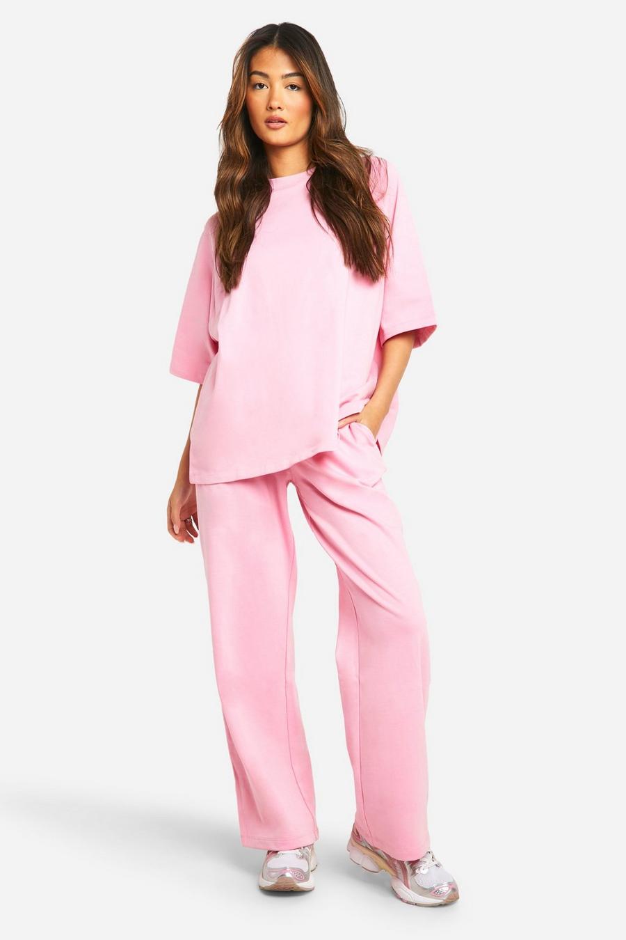 Conjunto de pantalón deportivo de pernera recta y sudadera de tela rizo y manga corta, Pink image number 1