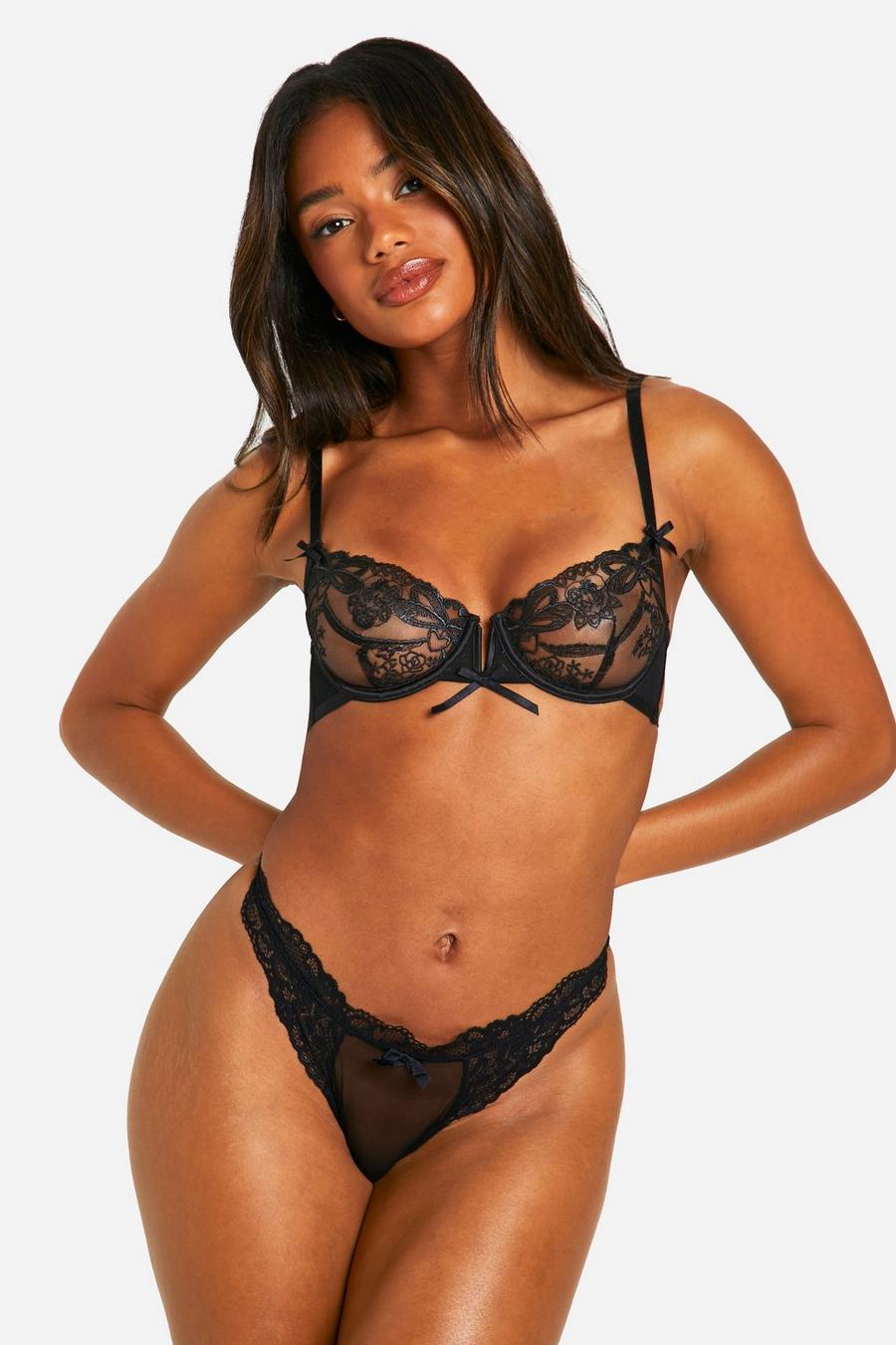 Black Bow Embroidered Underwire Balcony Bra  image number 1