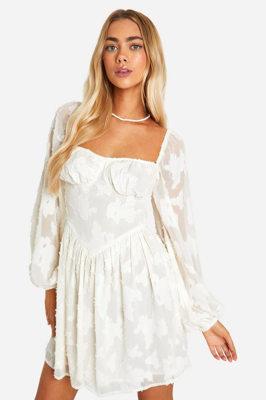 White Corset Detail Long Sleeve Mini Dress
