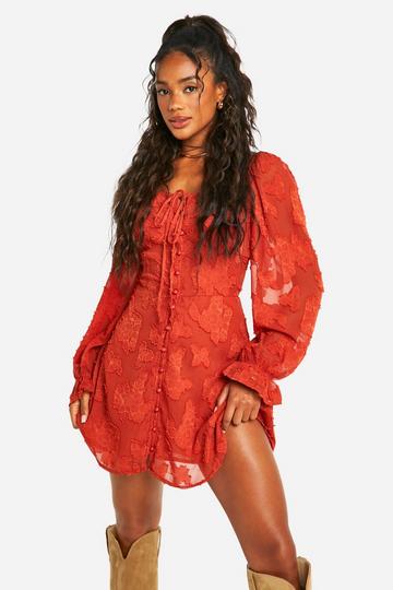 Rust Orange Tie Detail Burnout Long Sleeve Mini Dress