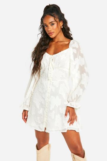 Tie Detail Burnout Long Sleeve Mini Dress white