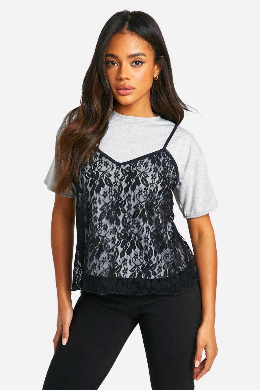 Grey marl Lace Layer T-shirt  image number 1