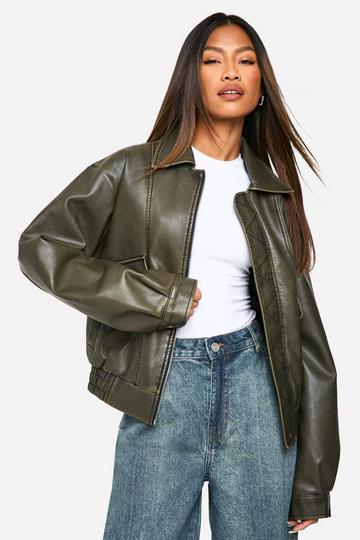 Brown Vintage Look Faux Leather Bomber Jacket