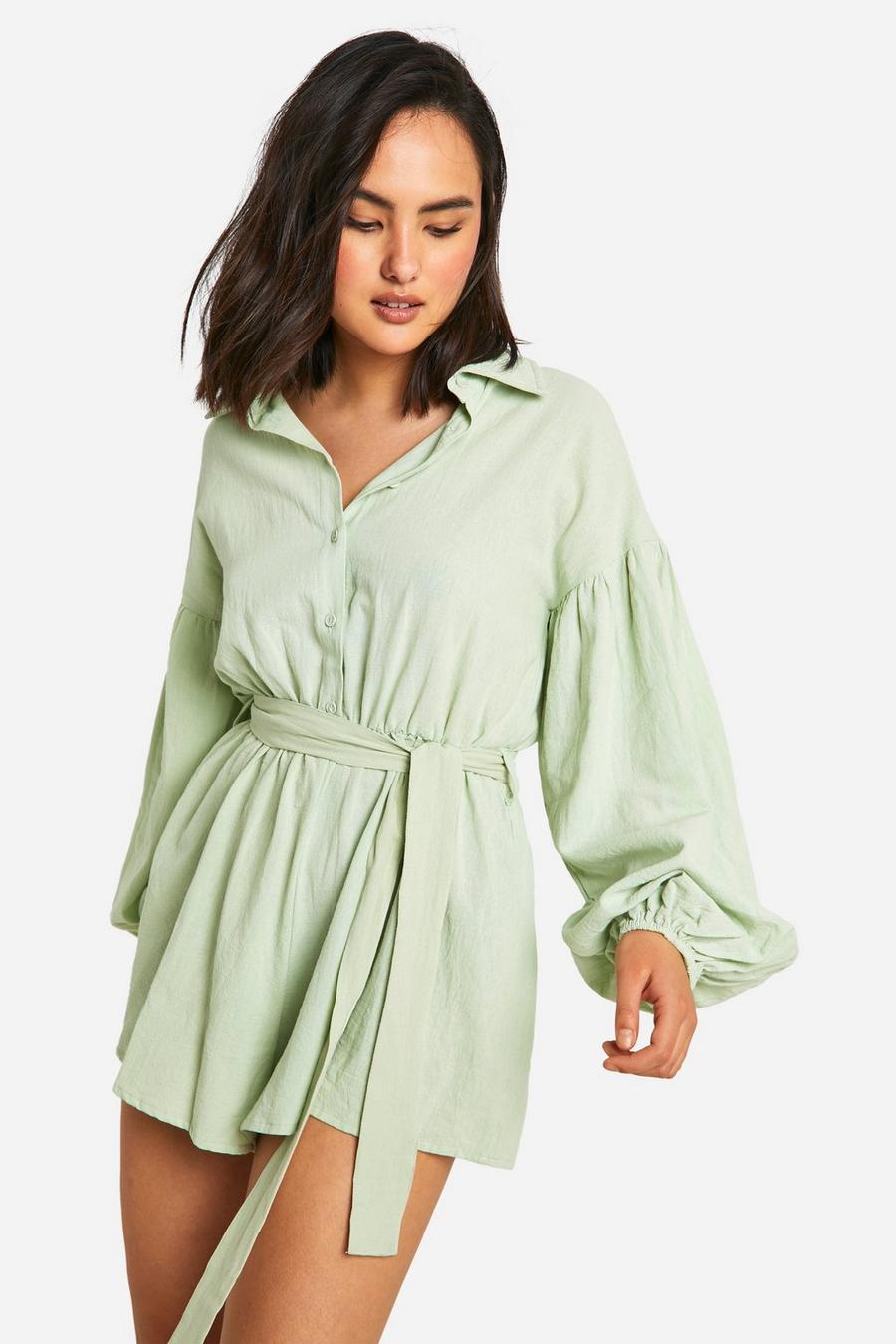Green Cotton Crepe Button Up Playsuit