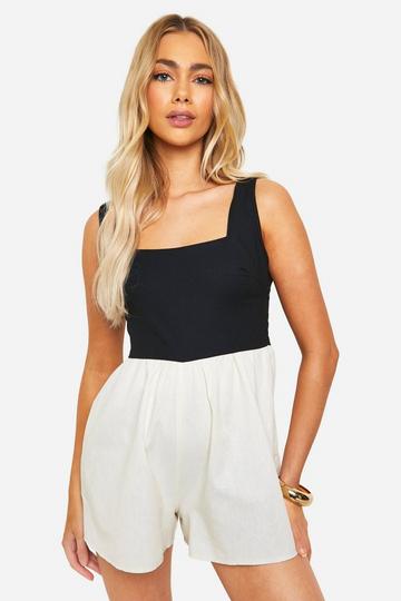 Linen Look Square Neck Contrast Playsuit black