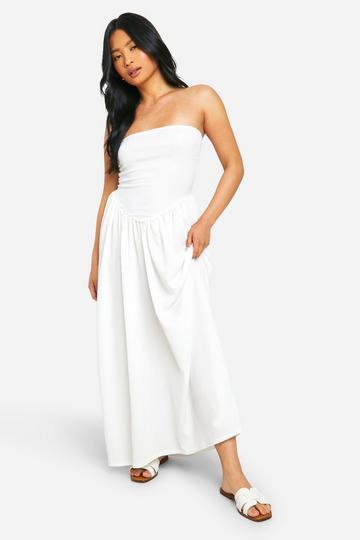 Ivory White Petite Waffle Dropped Waist Maxi Dress