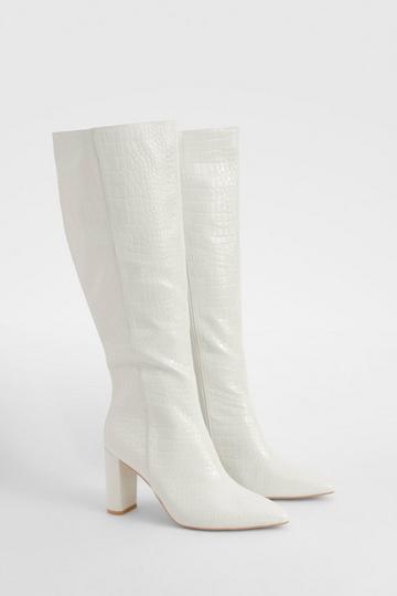 Wide Fit Croc Pointed Knee High Heeled Boots cream