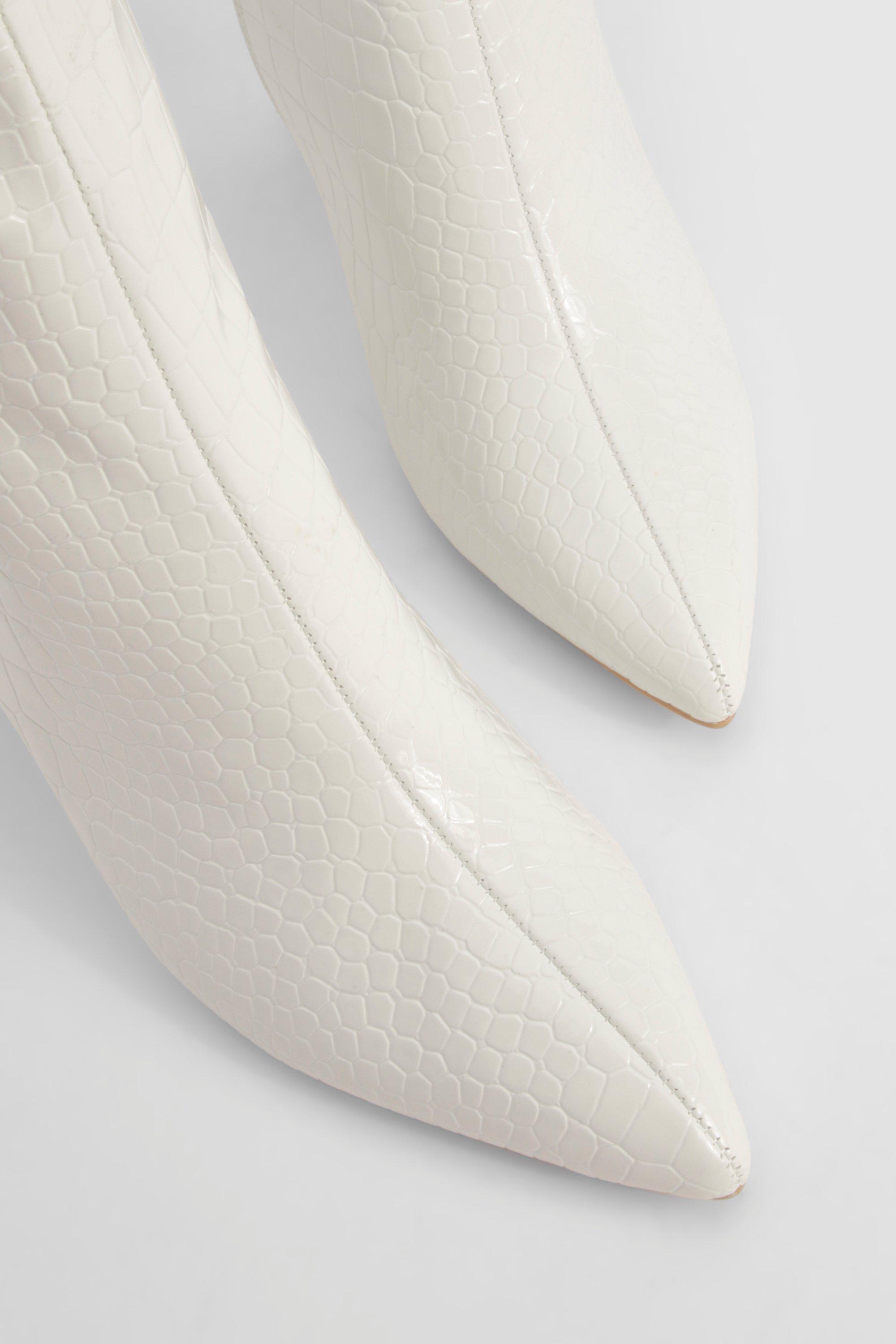 Boohoo Women s Wide Fit Croc Pointed Knee High Heeled Boots Cream
