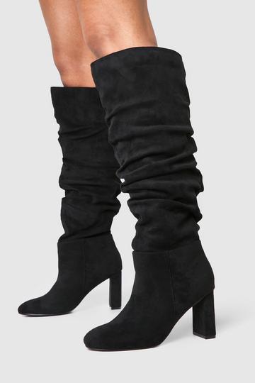 Black Wide Fit Faux Suede Ruched Detail Block Heel Boots