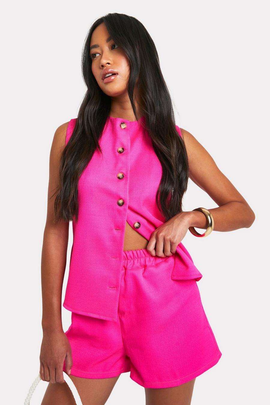 Hot pink Textured Linen Look Relaxed Fit Shorts