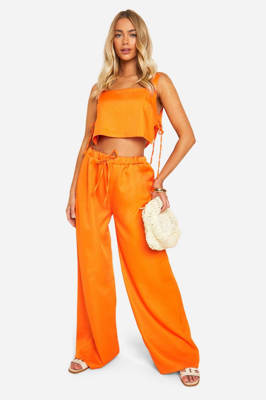 Orange Textured Linen Look Wide Leg Pants image number 1