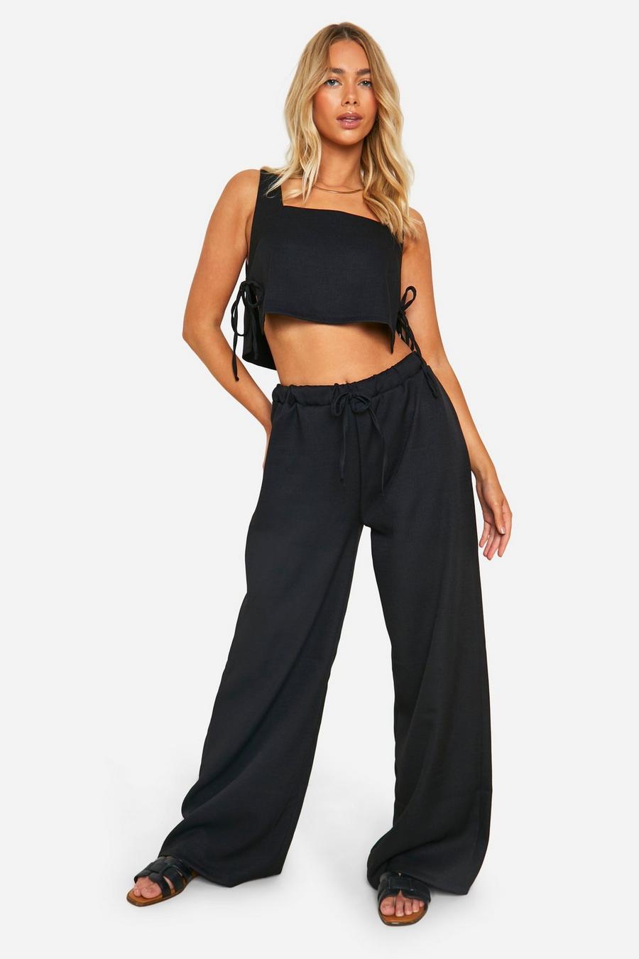 Black Textured Linen Look Wide Leg Trousers image number 1