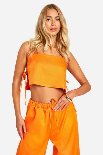 Linnen Look Boxy Crop Top Met Textuur En Zijstrikjes orange