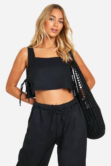 Textured Linen Look Tie Side Boxy Crop black