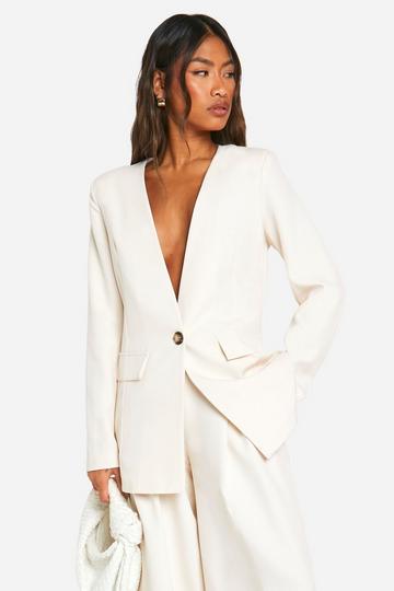 Collarless Plunge Front Tailored Blazer ecru