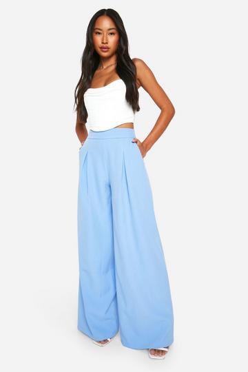 Linen Look Pleat Front Wide Leg Trousers powder blue