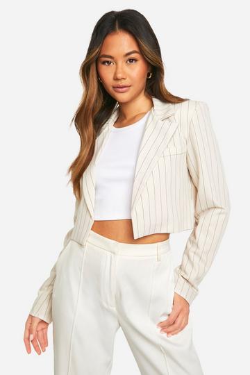 Pinstripe Plunge Lapel Longline Crop Tailored Blazer stone