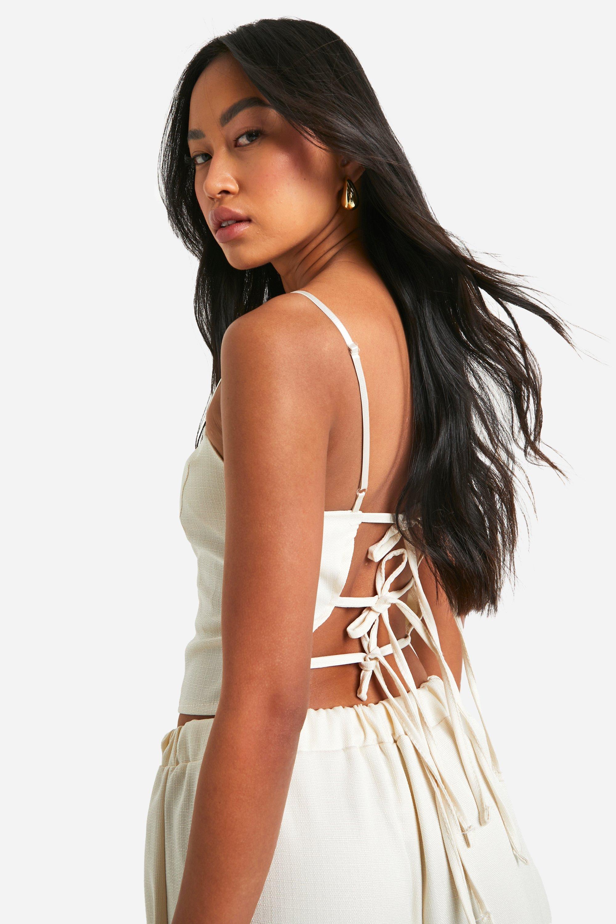 Textured Linen Look Strappy Open Back Vest | boohoo USA