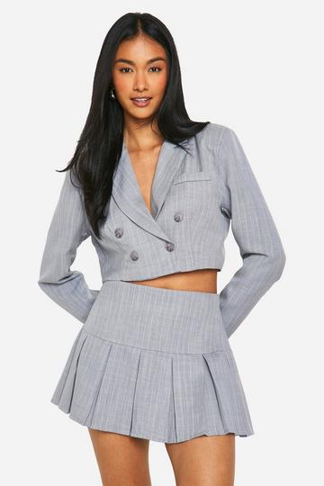 Grey Tonal Pinstripe Pleated Drop Hem Micro Mini