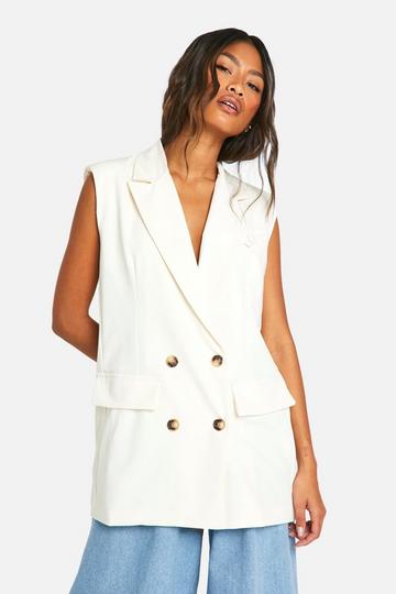 Mock Horn Double Breasted Longline Sleeveless Blazer ecru