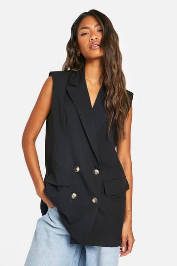 Mock Horn Double Breasted Longline Sleeveless Blazer black