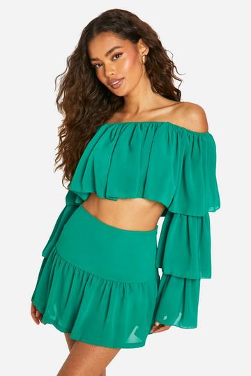 Tiered Flared Sleeve Floaty Crop & Mini Skirt bright green