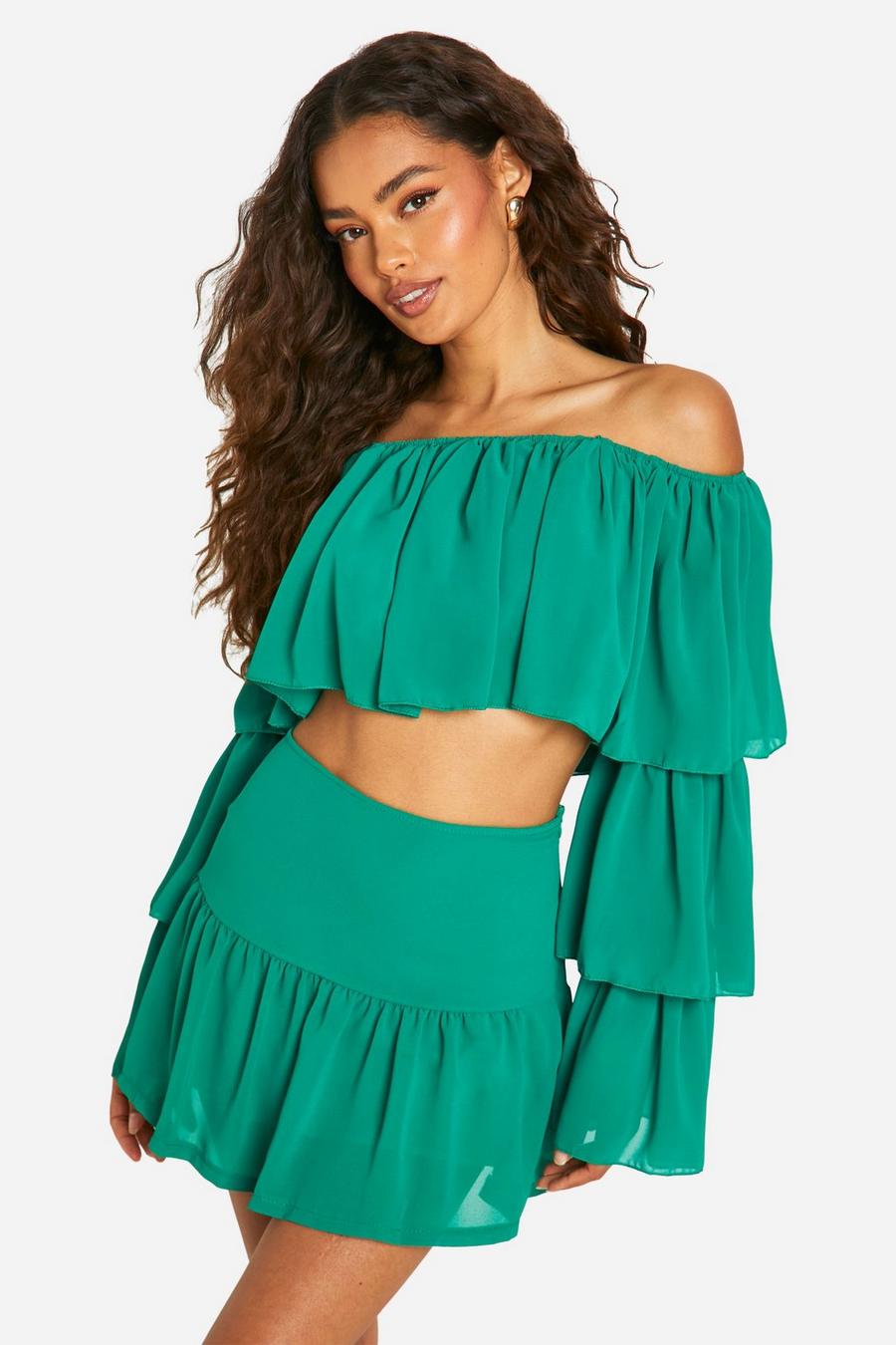 Bright green Tiered Flared Sleeve Floaty Crop & Mini Skirt image number 1