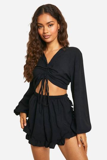 Textured Volume Sleeve Blouse & Ruffle Hem Shorts black