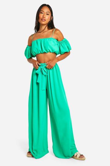 Hammered Puff Sleeve Off The Shoulder & Wide Leg Pants emerald