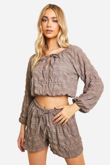 Textured Tie Front Blouse & Flippy Shorts mocha