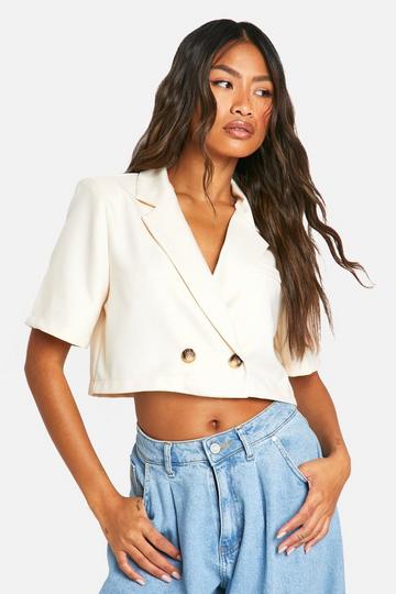 Textured Linen Look Cropped Blazer cream