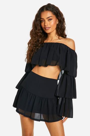 Tiered Flared Sleeve Floaty Crop & Mini Skirt black