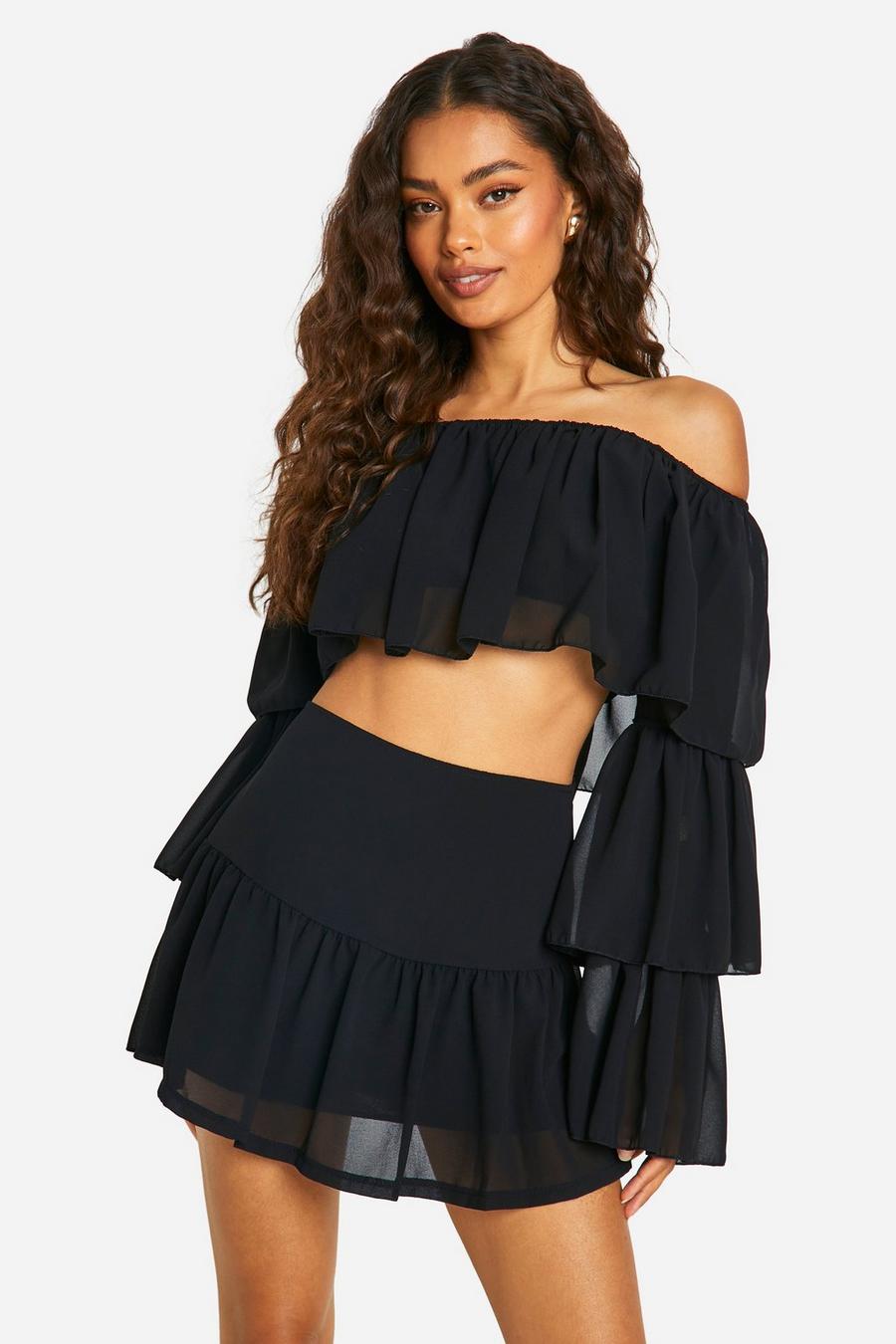 Black Tiered Flared Sleeve Floaty Crop & Mini Skirt